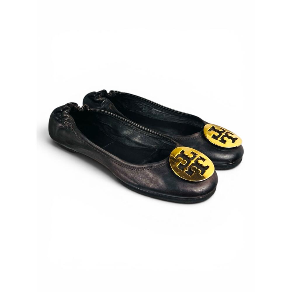 Tory Burch Minnie Travel Ballet Flats Brown Leather Gold Logo Medallion Size 6.5 - Picture 9 of 9